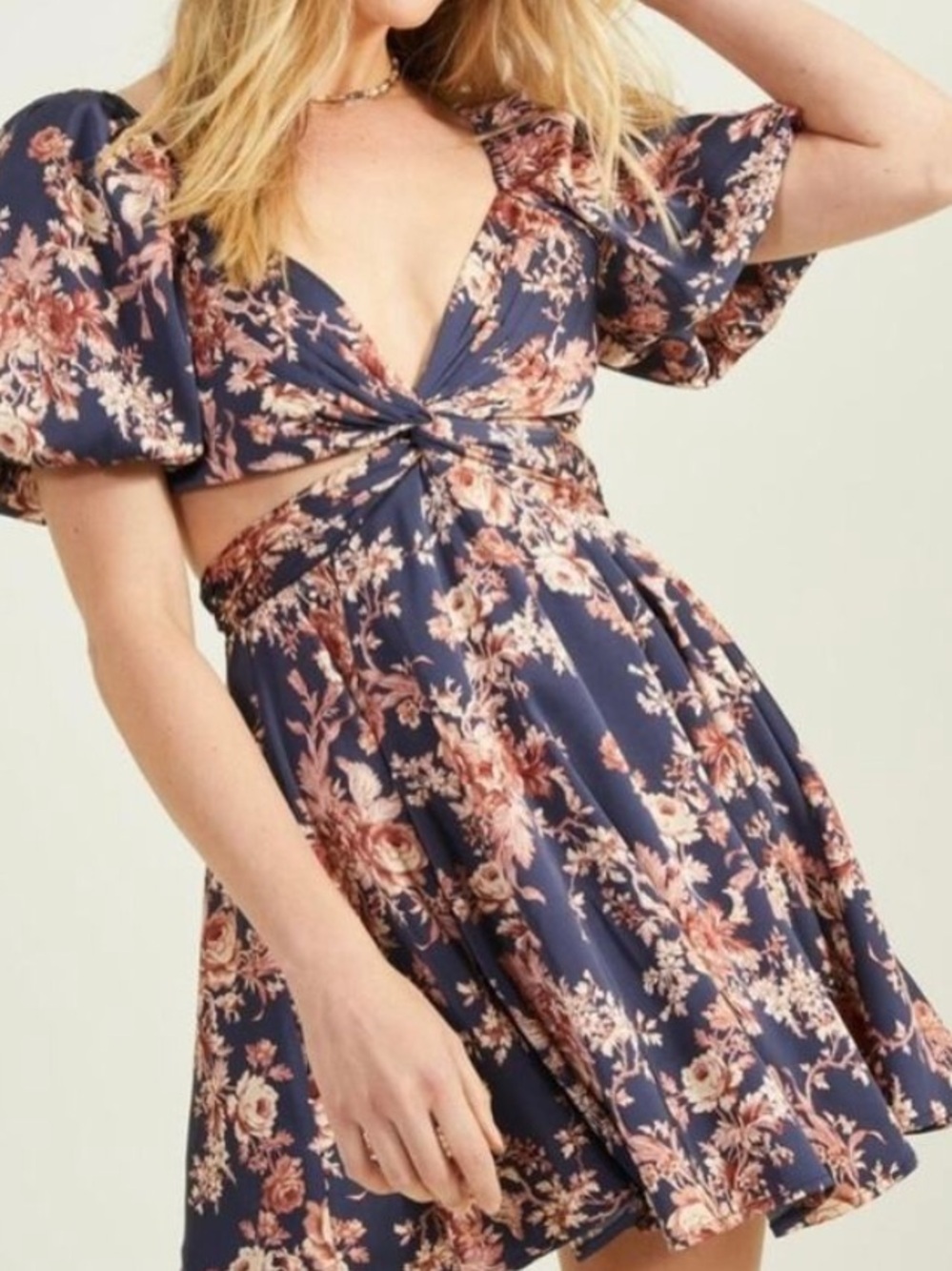 Altar'd State Annmarie Navy/Brown Floral Cutout Dress - Picture 10 of 10